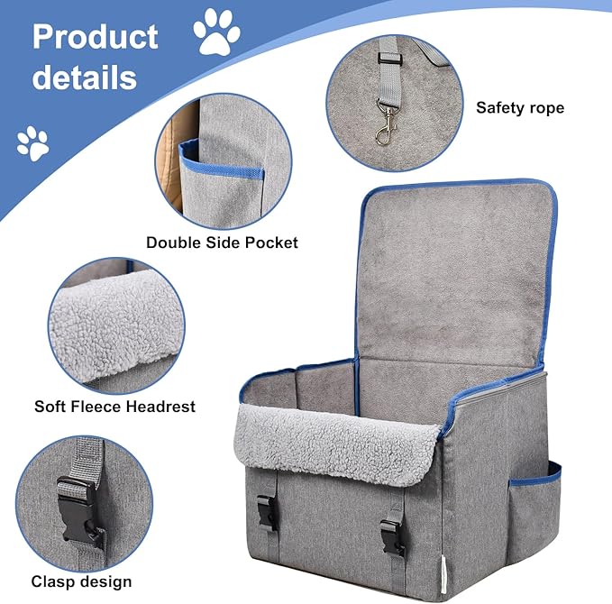 JESPET & GOOPAWS Dog Car Seat, Portable Dog Car Travel Bed with Clip-On Safety Leash, Briefcase Shape Waterproof Dog Booster Car Seat, Suitable for Pets Up to 25lbs