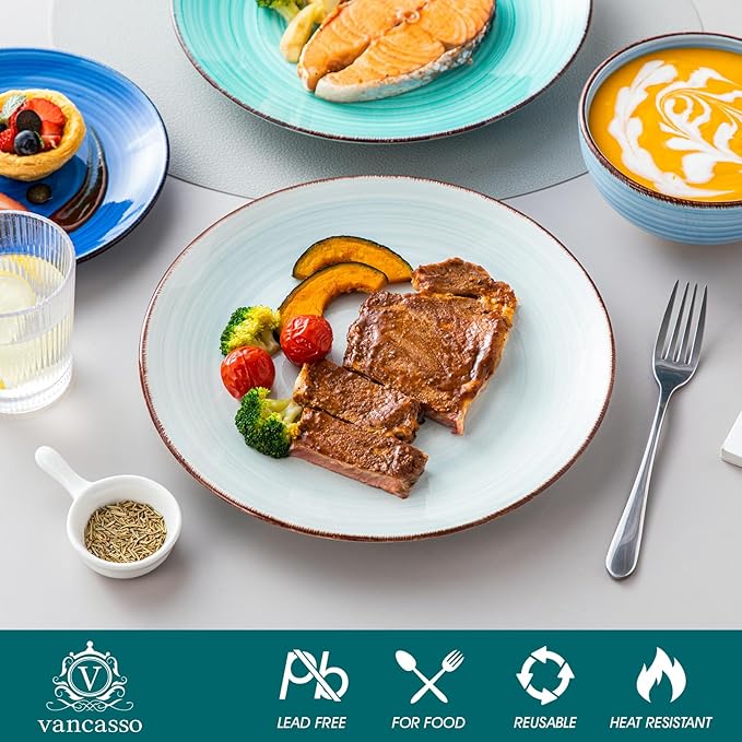 vancasso Bonita Dinnerware Set Blue Stoneware 12 Pieces Service for 4, Handpainted Spirals Pattern Stoneware Plates and Bowls Set