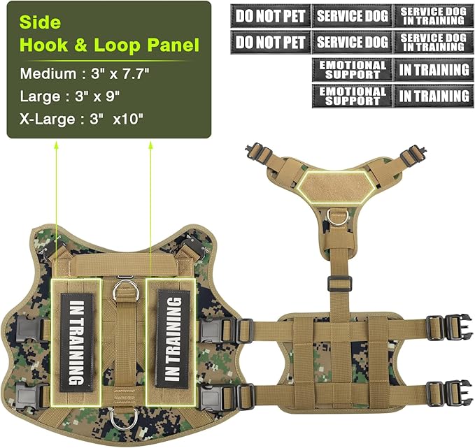 WINSEE Tactical Dog Harness with Dog Leash, Service Working MOLLE Vest with 10 Pet Patches for Dog, No Pull Military Harness and Backpack for Training Hunting Walking