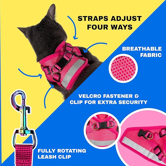 Travel Cat Harness and Leash Set - Adjustable Fit Mesh Cat Harness and Reflective Strap - Comfort Walking Vest for Kitten for Outdoor Walking, Hiking (Large)