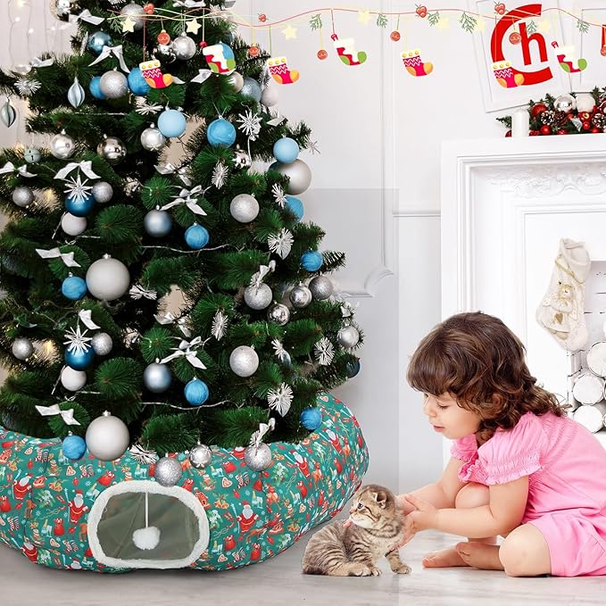 Christmas Cat Tunnel Bed for Indoor Cats Under Christmas Tree Skirt Tube with Hanging Ball Plush Cat Cave, Washable Holiday Pet Gift Toy & Gift for Kittens(Santa)