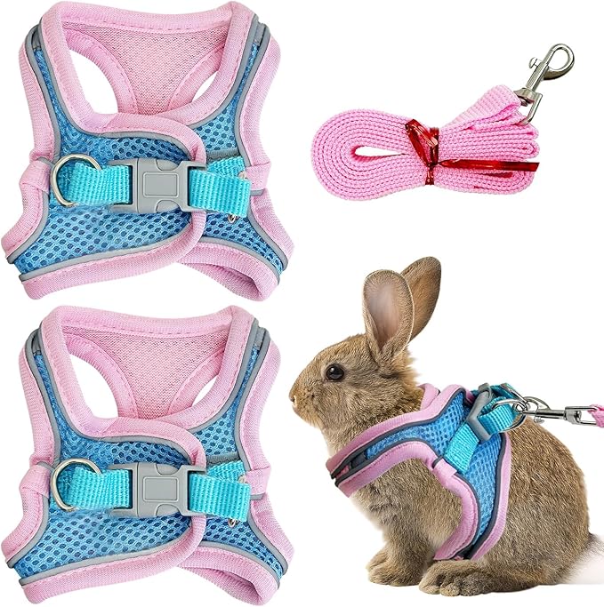 PINVNBY 2 Pack Bunny Hsrness and Leash Set Adjustable Rabbit Harness with Reflective Strips Double Buckle Pet Vest Eescape Proof for Small Rabbit Kitten Puppy Walks Accessories (Pink Blue, S)
