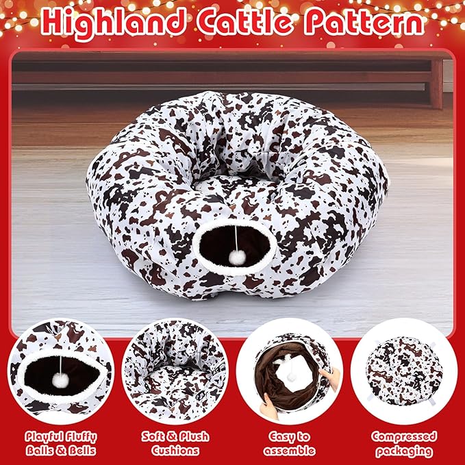 Cat Tunnel Bed Under Christmas Tree 36'' Kitten Circle Donut Tunnel Skirt with Ball Mat Decorative Xmas Folding Home Kitty Guard Tube Holiday Party Indoor Pet (Brown Black White,Cowhide)