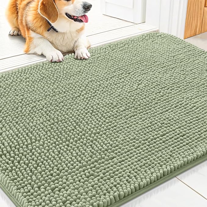 Smiry Dog Door Mat for Muddy Paws 30x20, Absorbs Moisture and Dirt Doormat, Non-Slip Washable Quick Dry Chenille Front Door Mat Indoor Entrance, Entryway Carpet for Inside Floor, Sage Green