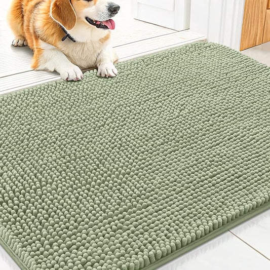 Smiry Dog Door Mat for Muddy Paws 30x20, Absorbs Moisture and Dirt Doormat, Non-Slip Washable Quick Dry Chenille Front Door Mat Indoor Entrance, Entryway Carpet for Inside Floor, Sage Green