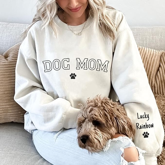 NAZENTI Custom Dog Mom Embroidered Sweatshirt with Pet Name on Sleeve, Fur Mama, Dog Lover Gifts