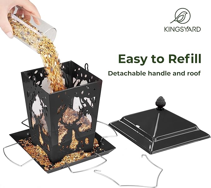 Kingsyard Metal Bird Feeder for Outdoor Hanging - Unique Design Wild Bird Hopper Feeder with 4 Perches and Rainproof Roof, Black