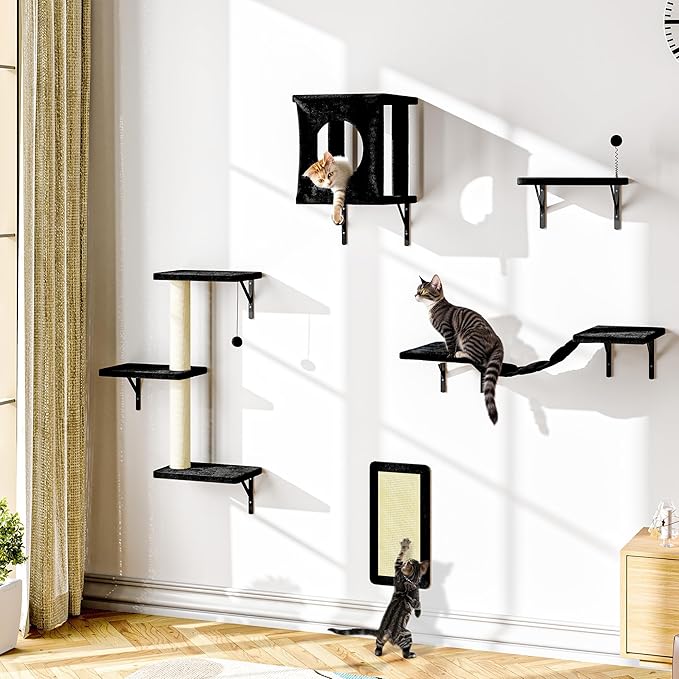 NUNU LAB Cat Wall Shelves Set, 5 Pcs Wall-Mounted Cat Climber with Cat House, Bridge, Scratching Post, Hammock, Wall Shelves, Black