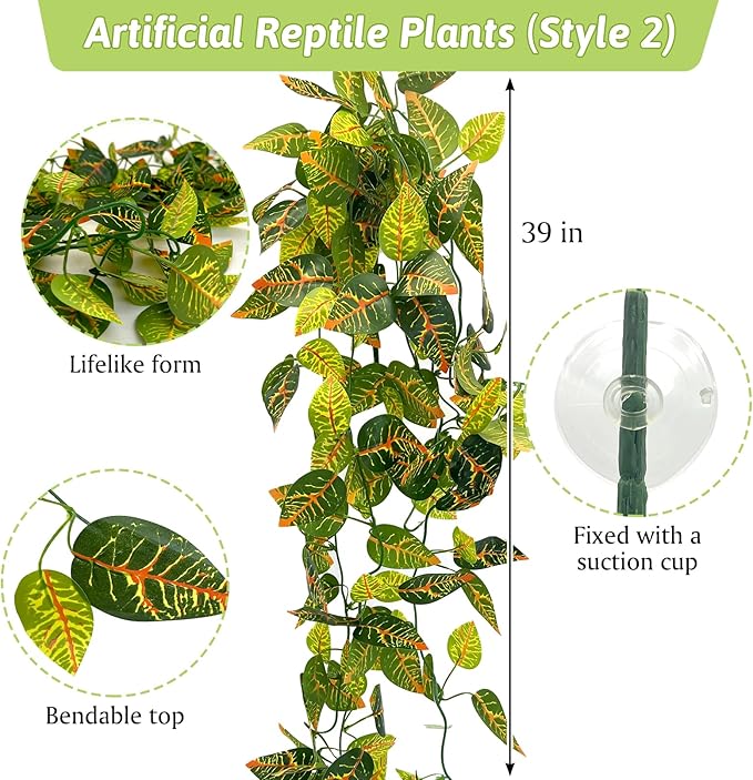 VCEPJH 4 Pcs Reptile Plants, Climbing Wood Branch Terrarium Hanging Fake Plant Leaves Bearded Dragon Tank Accessories, Habitat Decor for Snake Leopard Gecko Lizard Chameleon (Style 2)