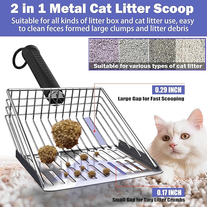 Cat Litter Scooper with Holder, Metal Litter Scoop Includes Portable Small Broom and Dustpan Set, Heavy Duty Stainless Steel Litter Scoop with Coarse and Fine Grid, Quick Sift and Easy Clean