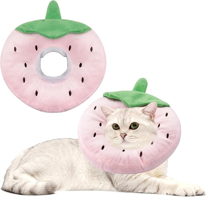 Soft Cat Cone Collar, Cute Cat Recovery Collar Suitable for Small, Medium, Large Cats,Elizabethan Neck Collar for Cats After Surgery (Strawberry, Medium)