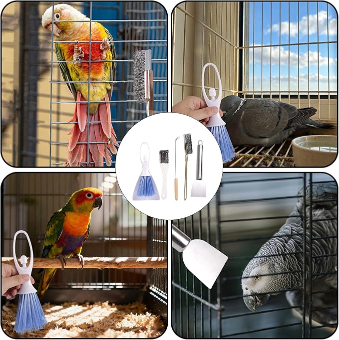 5pcs Bird Cage Cleaner Set, Stainless Steel Bird Cage Cleaning Brush Brushes Small Animal Dropping Remover & Scraper Tools for Parakeet Rabbit Hamster Guinea Pig Pet Lovers Accessories Products