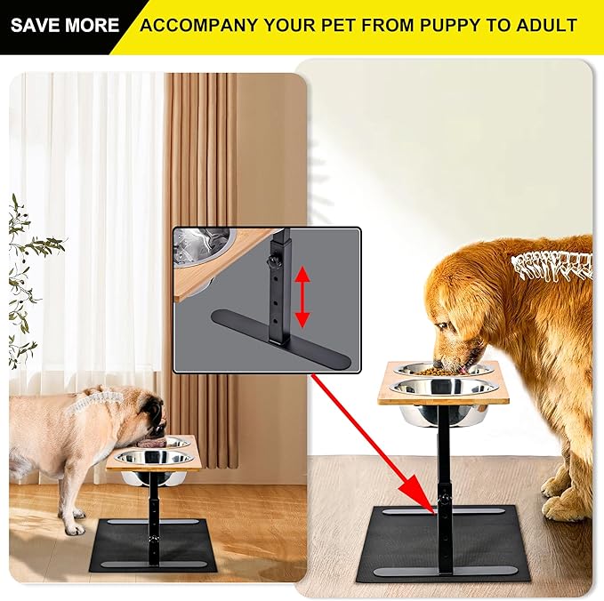 Elevated Dog Bowls,Cats and Dogs Raised Food Feeding Dishes with 2 Stainless Steel Bowls,3 Height Adjustable,Protects Spine,Prevent Vomiting,Anti-Mold Bamboo Stand Feeder Station