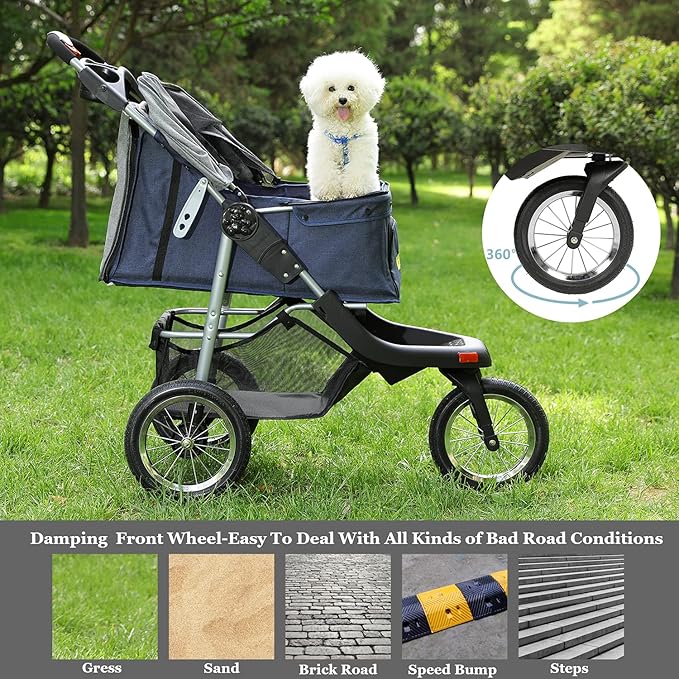 VIAGDO Premium Heavy Duty Dog Stroller for Small Medium Dogs & Cats, 3-Wheel Pet Strollers, Foldable Cat Stroller with Suspension System/Link Brake/One-Hand Fold, Max. Loading 55 LBS