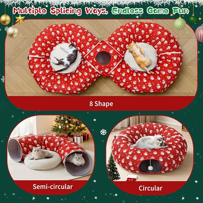 Pawaboo 2-in-1 Cat Tunnel Bed for Indoor Cats, 8-Shaped Large Cat Tunnels with Plush Cushions, Foldable Cats Cave Hideout Kitty Toys with Fluffy Balls, Donut Tunnel for Kitten Rabbit Ferret, Red