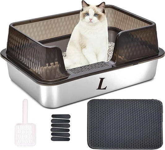 Suhaco Stainless Steel Litter Box Side Entry, Kitty Black Litter Mat and White Scoop Included Covered Metal High Sided Large Cat Litter Box with Lid Removable Enclosure for Medium Cats (Black)