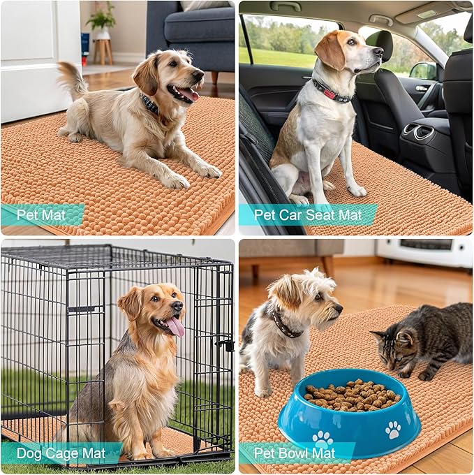 OLANLY Dog Door Mat for Muddy Paws 30x17, Absorbs Moisture and Dirt, Absorbent Non-Slip Washable Doormat, Quick Dry Chenille Mud Mat for Dogs, Entry Indoor Entryway Carpet for Inside Floor, Orange