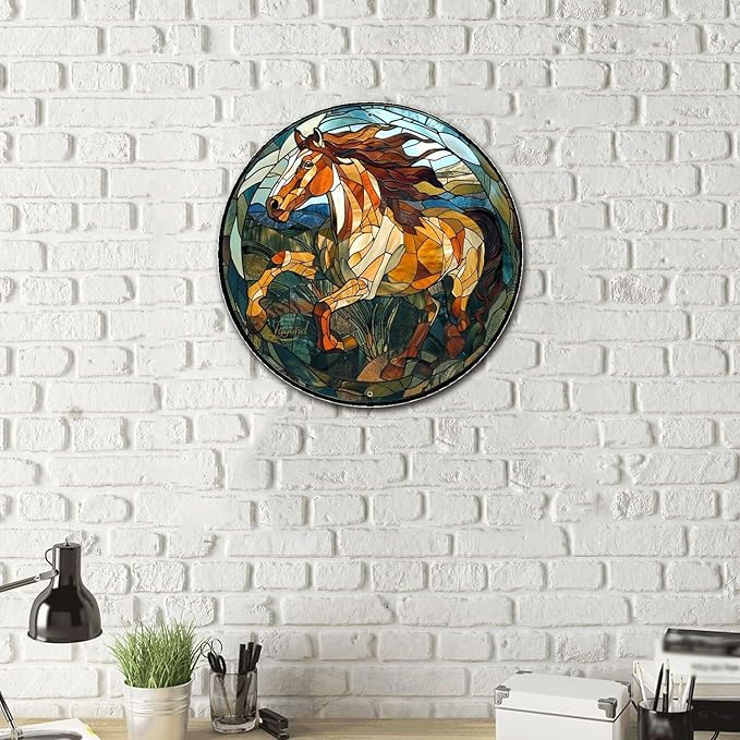 Lygond Metal Sign Tin Sign Circular Stained Glass American Mustang Garden Metal Sign for Gift 8×8 Inches