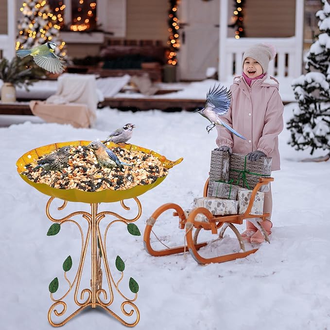 Vintage Metal Bird Bath for Outside, 13" Dia Birdbaths Bowl with Cast Iron Pedestal, Large Antique Bird Feeder with Folding Bracket for Outdoors Garden Patio Yard Decor (Retro Yellow)