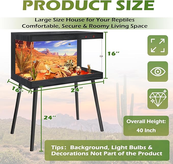 Royxen Tempered Glass Bearded Dragon Tank,24 Gallon Reptile Tank with Leg Stand,Built-in Lighting Reptile Enclosure Scartch-Proof Bearded Dragon Encloure for Chameleon,Snake(Black,24"x 16"x 16")