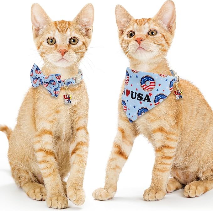 Faygarsle 2 Pack Patriotic Cat Collar Set with Bandana and Bow Tie, USA Flag Donuts Pattern, Light Blue