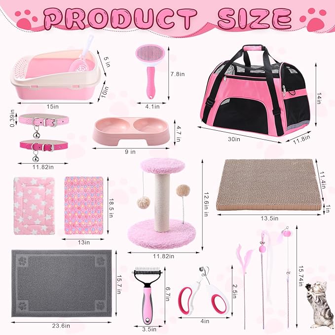 Eccliy 35 Pcs Kitten Starter Kit for 2 Indoor Kittens Essentials Including Carriers, Litter Boxes, Mats, Collars, Beds, Scratch Pad, Bowls, Toys Accessories Cat Welcome Gift Foster Adopt Supplies