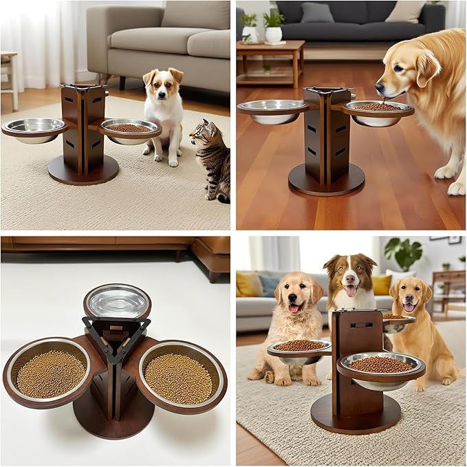 Adjustable Elevated Dog Bowl Stand (3.6"/6.3"/9.2") with 3 Stainless Steel Bowls, 3 in 1 Bamboo Raised Dog Bowls Pet Feeding Station for Cats/Small/Medium Dogs