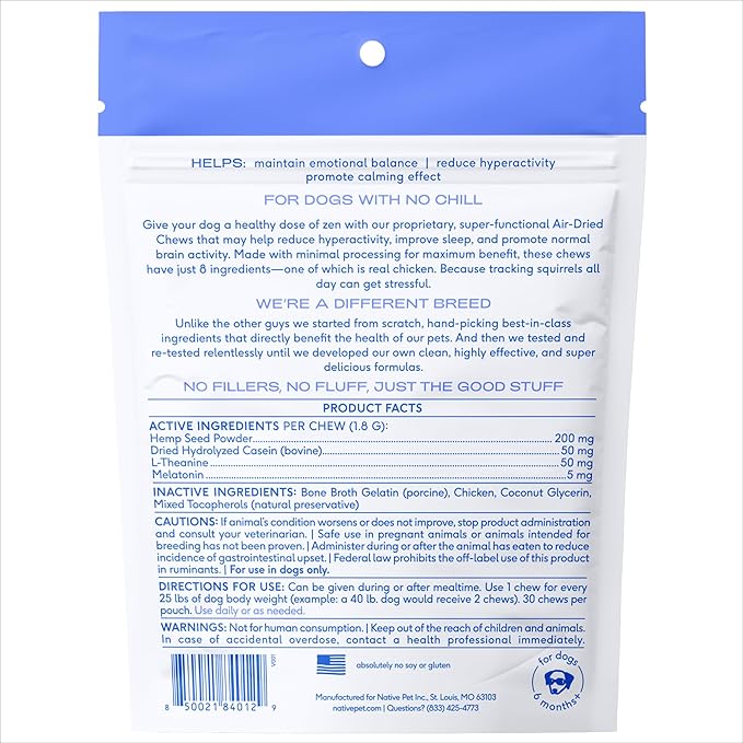 Native Pet Calming Chews for Dogs - Melatonin for Dogs Anxiety Relief - Grain Free All Natural Hemp Calming Treats & L-Theanine Helps Manage Stress & Separation Anxiety - Puppy Sleep Aid - 30 Chews