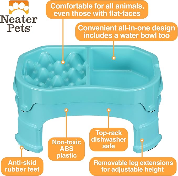 Neater Pet Brands – Neater Raised Slow Feeder Dog Bowl – Elevated and Adjustable Food Height - (Double Diner, Aquamarine)