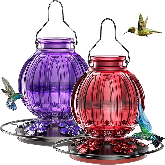 2 Pack Glass Hummingbird Feeder for Outdoors Hanging, Bird Nectar Feeder with Perch & 5 Flower Feeding Ports, 26 Oz Leak Proof for Outside Garden Decor Backyard, Gifts for Women Mom, Red & Purple