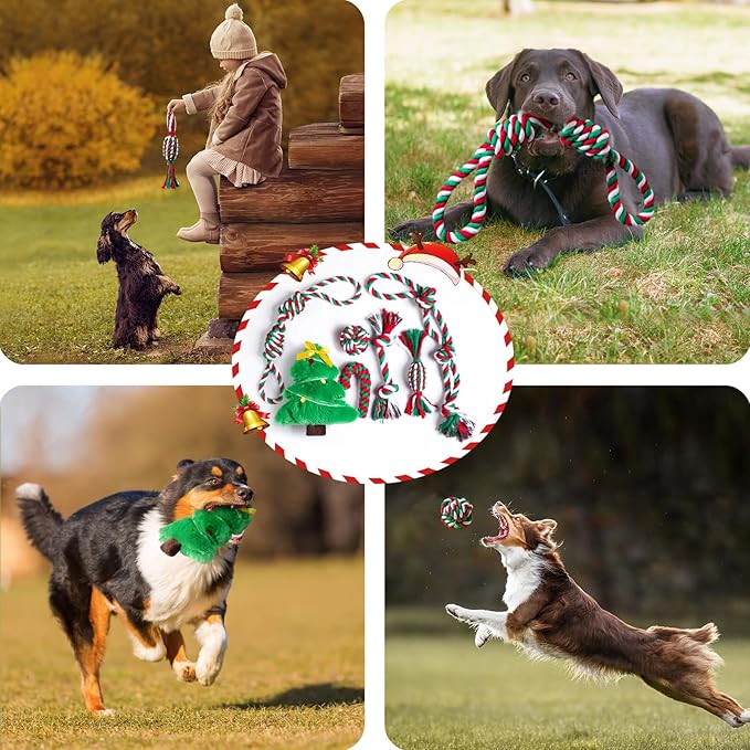 Aitmexcn Christmas Dog Rope Toys Set, 7 Pack Cotton Dog Toys for Large Dogs and Medium Small, Cute Interactive Squeaky Toy, Chewing Puppy Gaming Toy for Teeth Cleaning