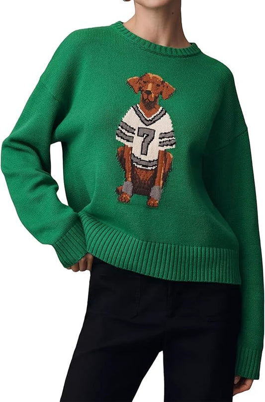 Dog Print Sweater for Women Cute Graphic Knit Pullover Tops Long Sleeve Crew Neck Trendy Fall Outfits 2025