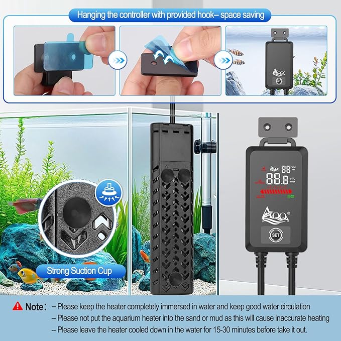 AQQA 1000W Fish Tank Heater 135-258 Gallon Submersible Aquarium Heater Quartz Glass Betta Fish Heater for Aquarium Thermostat Heater for Freshwater and Saltwater (AQ136-1000W for 135-258Gal)