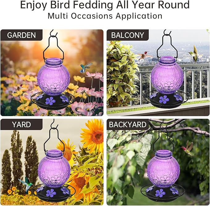 Glass Hummingbird Feeders for Outdoors Hanging, 23Oz Humming Bird Nectar Feeders with Perch, 5 Flower Feeding Ports, Leak Proof Base and Hook for Garden Decor, Gifts for Mom Women (Purple)