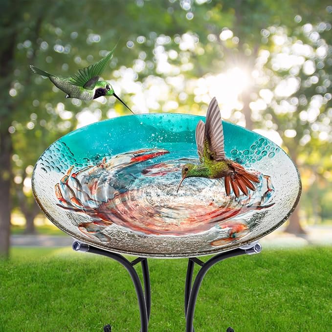 MUMTOP Bird Baths for Outdoors, Crab Glass Large Bird Bath Bowl with Metal Stand, Bird Feeders for Outside and Garden, Patio,Lawn Decor