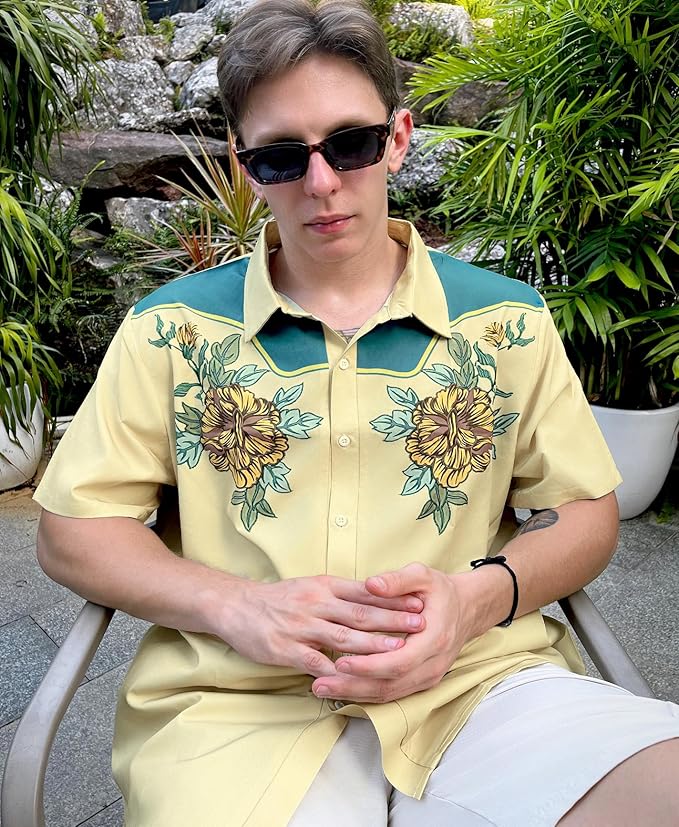 Men’s Hawaiian Shirt Western Cowboy Symmetrical Print Short Sleeve Button Down Casual Beach Holiday Summer Shirt