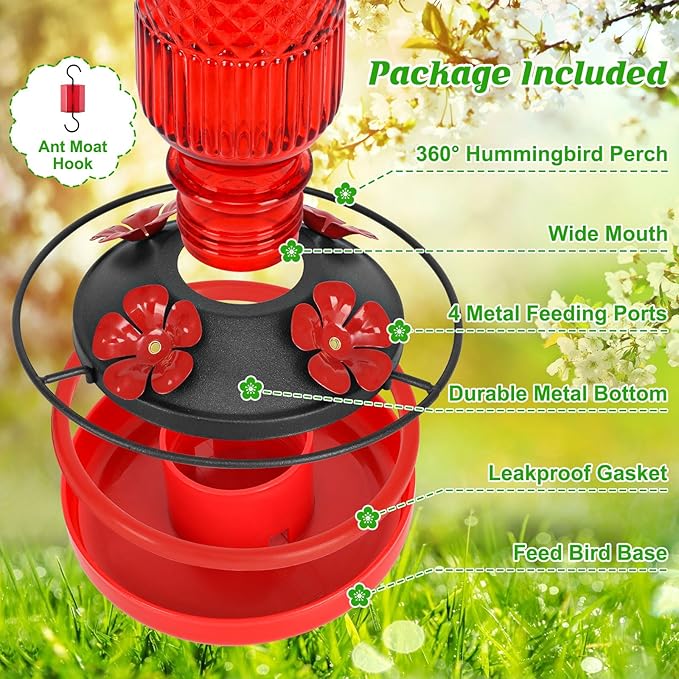 FEED GARDEN Glass Hummingbird Feeder for Outdoors Hanging, 16 OZ Humming Birds Feeders with 4 Bee Guard Feeding Ports & Built-in Ant Moat, Bird Feeder for Outside, Gifts for Women Mom, Red