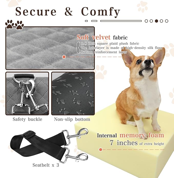 H-Grey Dog Booster Seat with 7 Inch Interior Height, Elevated Pet Seat for Small/Medium Dogs, Portable, Washable Cover, Easy to Use