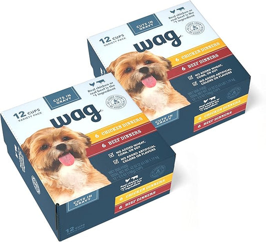 Amazon Brand – Wag Wet Dog Food Cups, Chicken & Beef in Gravy Variety Pack, 3.5oz, 24 Pack
