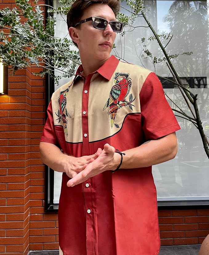 Men’s Hawaiian Shirt Western Cowboy Symmetrical Print Short Sleeve Button Down Casual Beach Holiday Summer Shirt