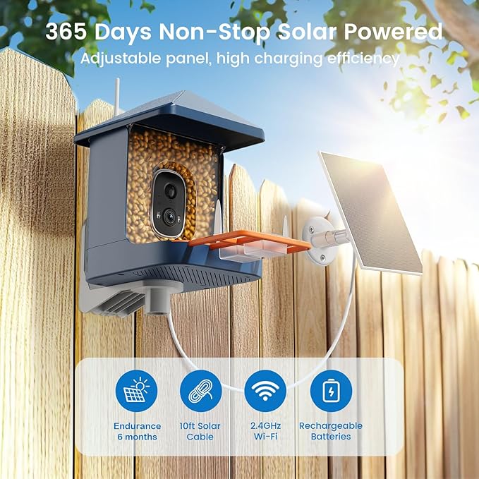 Smart Bird Feeder with Camera, Solar Powered Bird Feeders for Outdoors, 1.8L 2K AI Identify 10,000+ Birds Species, Birds Feeder Camera IP65 Instant Notification, Ideal Gift for Avian Lovers