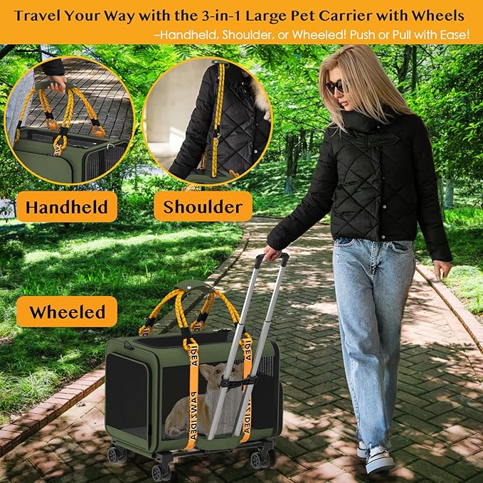 PAWZIDEA Expandable Pet Carrier with Wheels, 24x16x16in Large Cat Carrier for 2 Cats, Soft-Sided Dog Carriers for Small Medium Dog, Collapsible Rolling Travel Bag w/Telescopic Handle, XL Stroage Bag