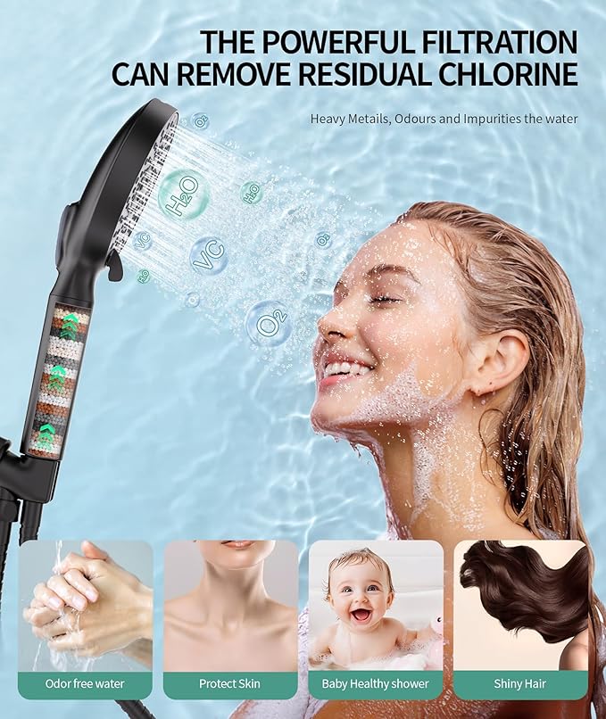 SR SUN RISE Filtered Shower Head with Handheld, High Pressure 9 Spray Mode Matte Black Showerhead with Filters, detachable shower head,Water Softener Filters Beads for Hard Water - Remove Chlorine