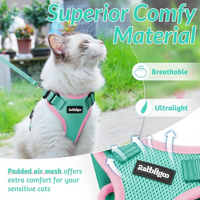 rabbitgoo Cat Harness and Leash for Walking, Escape Proof Soft Adjustable Vest Harnesses for Cats, Easy Control Breathable Reflective Strips Jacket, Pink&Light Green, XXS