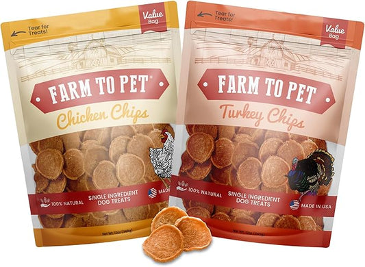 Farm To Pet - Dog Treats Chicken & Turkey Chip Protein Value Pack, 100% All Natural, Single Ingredient Training Treats, Made in USA, for Small, Medium, and Large Dogs