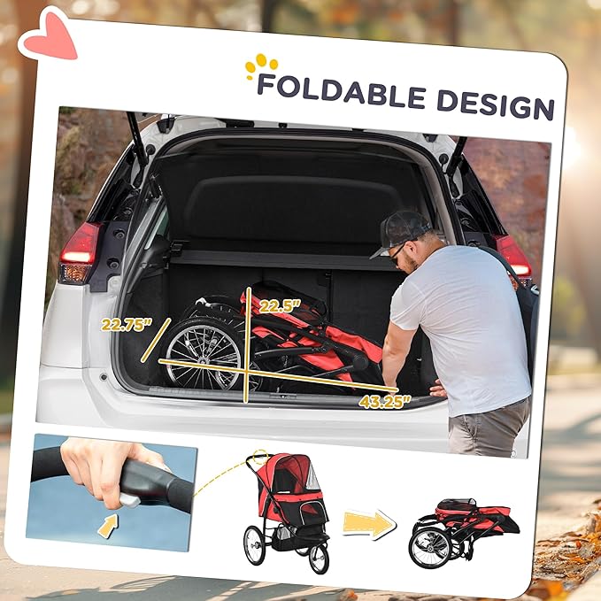 PawHut 3 Wheels Pet Stroller for Small and Medium Dogs, Foldable Cat Stroller Jogger with Adjustable Canopy, Safety Tether, Cushion, Storage Basket, Red