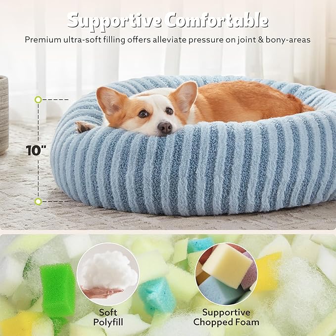 MIXJOY Dog Beds Large Sized Dogs, Washable Dogs Bed with Removable Cover, Cozy Donut Dog Ded Fluffy Plush Faux Fur Pet Bed with Anti-Slip Bottom, 36"x36"x10", Blue