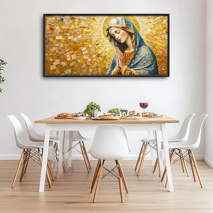 Extra Large Virgin Mary Framed Wall Art for Living Room,Oversized Golden Christian Religious Pictures Wall Decor,Canvas Print Painting Modern Artwork Bedroom Office Bathroom 60L" x 30W"
