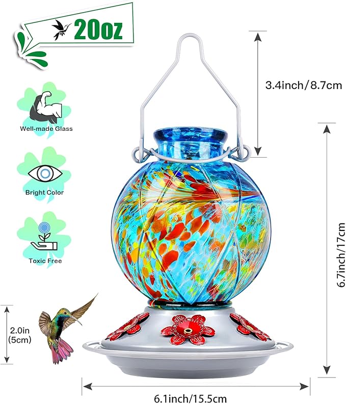 Hummingbird Feeder, BOLITE Glass Hummingbird Feeders for Outdoors Hanging, Hand Blown, with Ant Moat and Five Feeding Ports, Meshy Texture Ball Shape Bottle, 20 Ounces, Blue, Gifts for Women Men