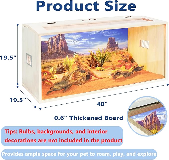 Prolee Reptile Terrarium, Lizard Tank Up to 68 Gallons, Bearded Dragon Tank with Roof Door, Snake Tank with Built-in Lamp Fixture and Switch (62 Gallon, 40" Long, Openable Wood Roof)